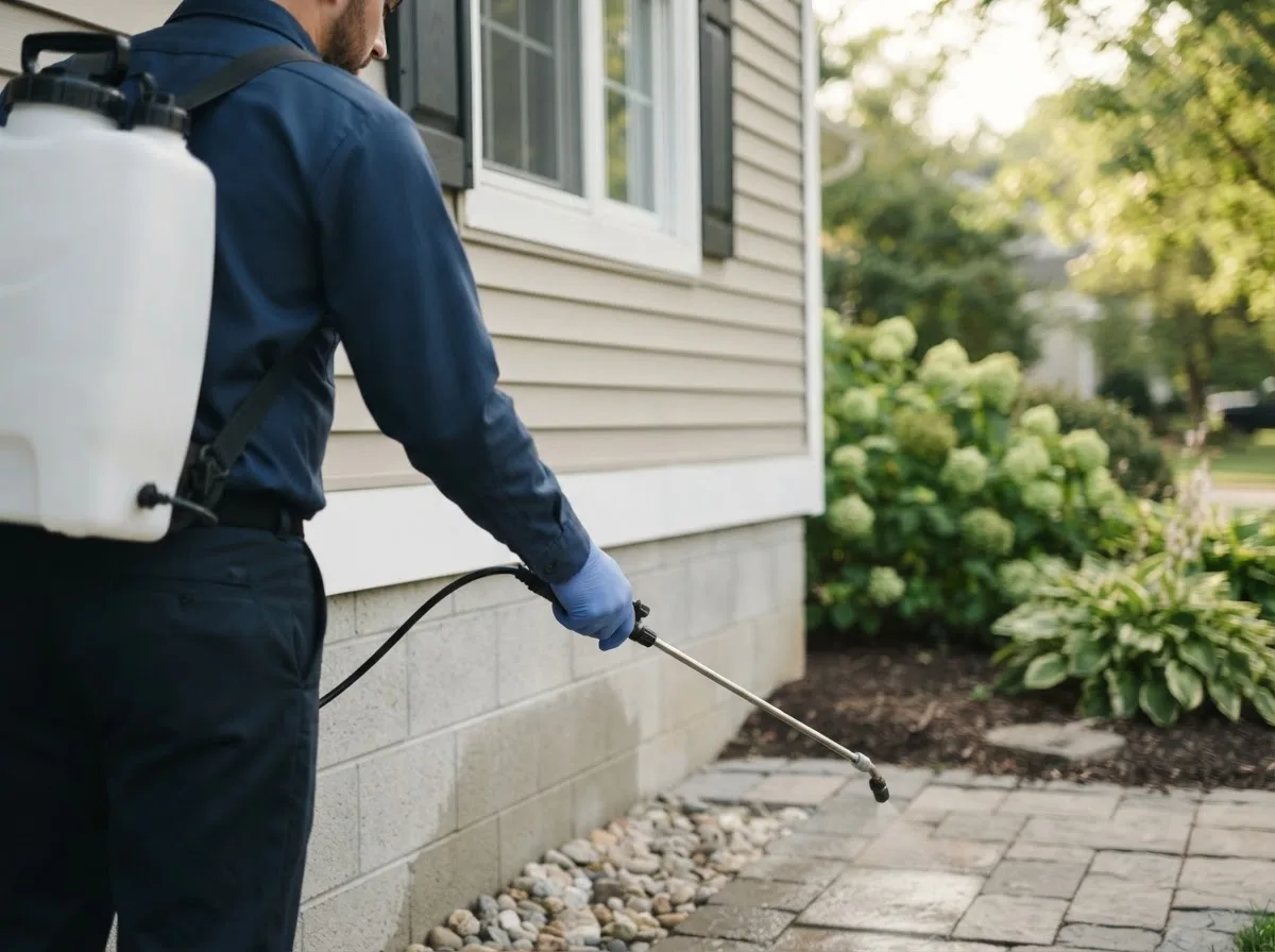 Pest control technician inspecting a home in Wilmington, NY